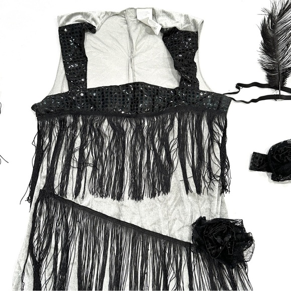 Roaring 20s Flapper Grey Velvet Black Fringe 4pc Halloween Cosplay Costume - Picture 3 of 8